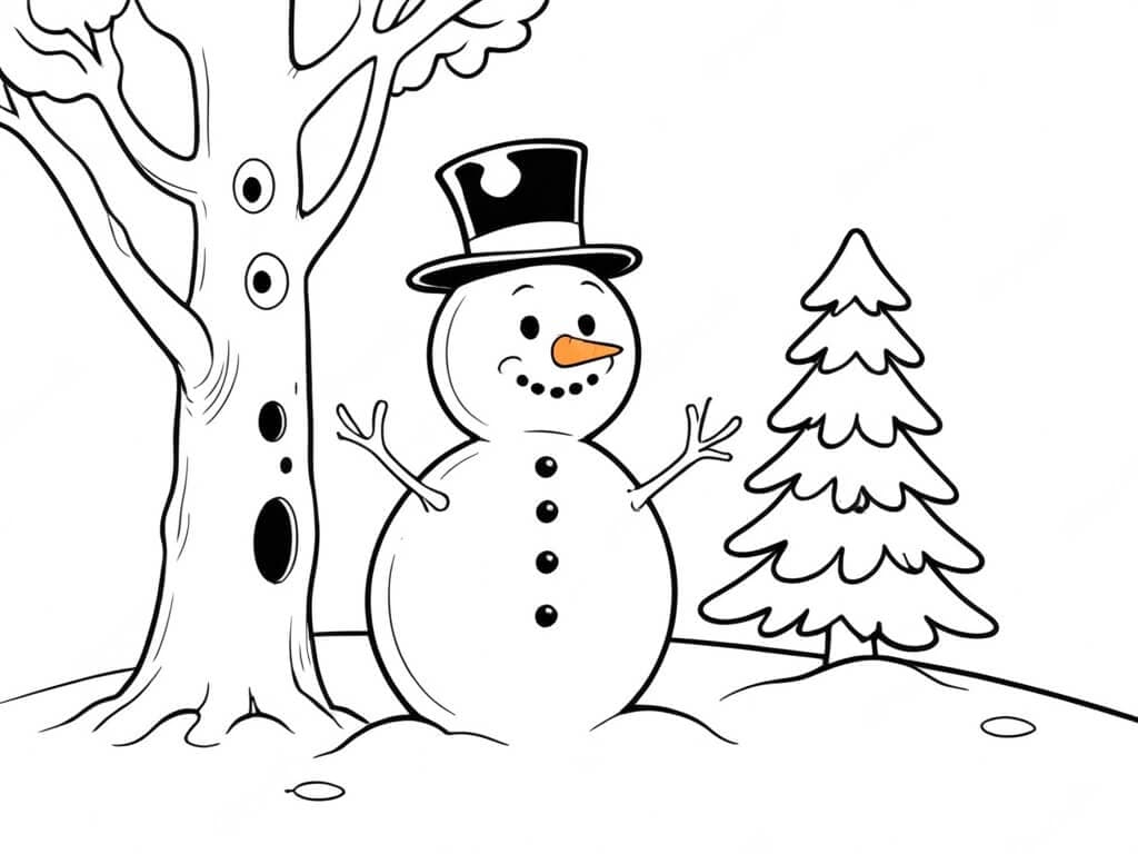 Albero con pupazzo di neve da colorare