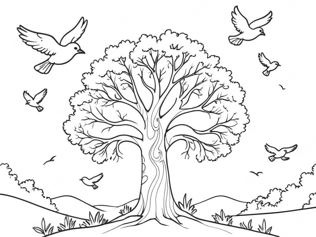 Albero con uccelli da colorare