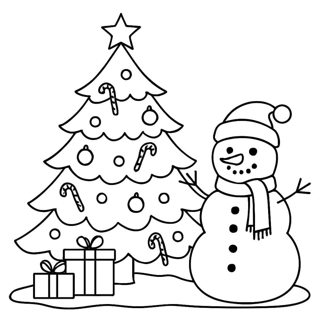 Albero di Natale con pupazzo di neve da colorare