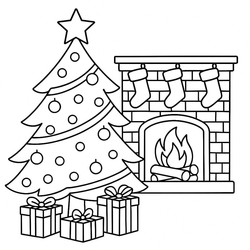 Albero di Natale e camino da colorare