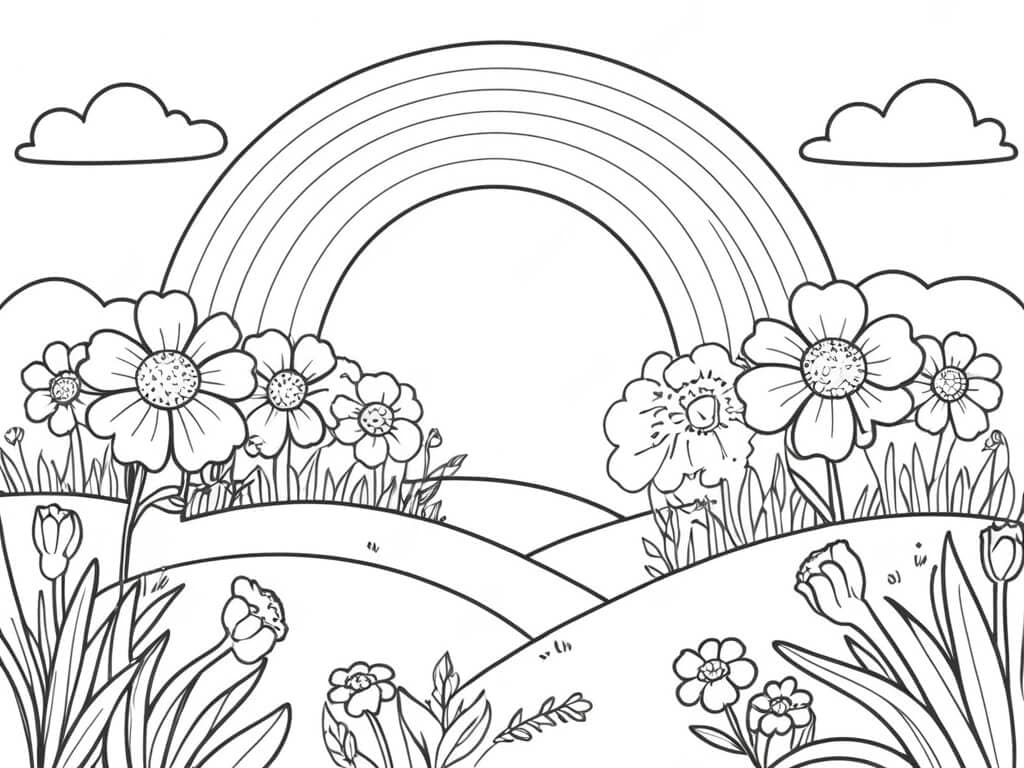 Arcobaleno con paesaggio fiorito da colorare