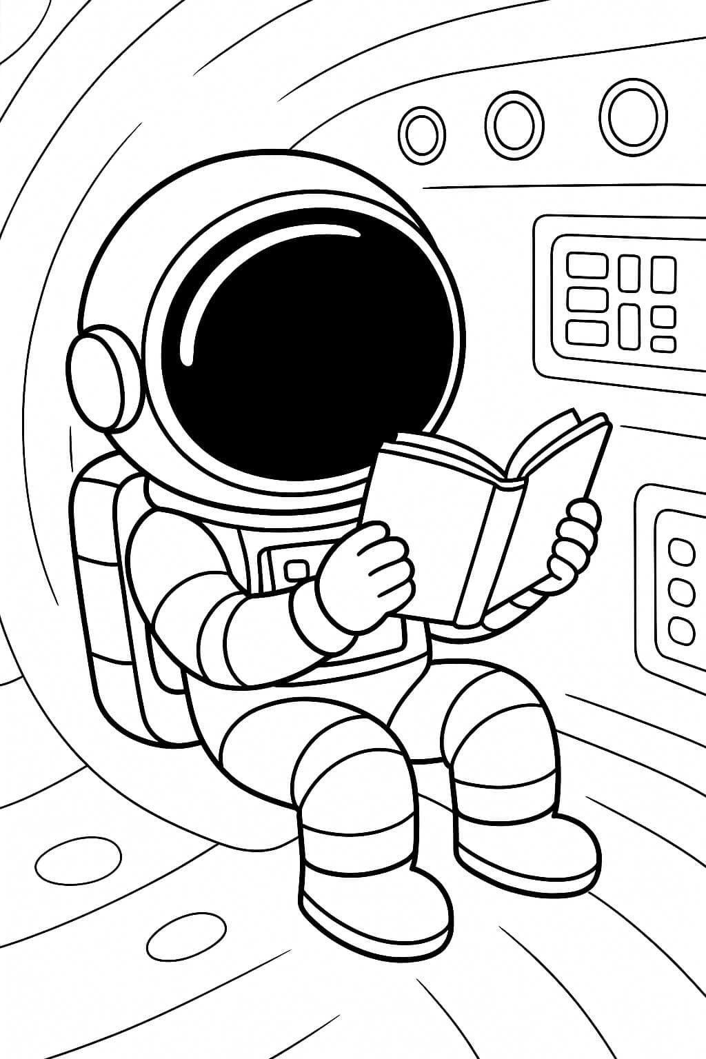 Astronauta che legge un libro da colorare