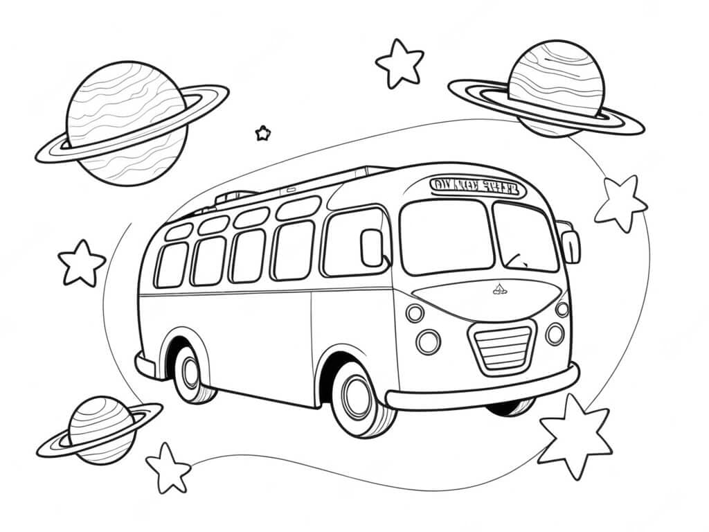 Autobus volante nello spazio da colorare