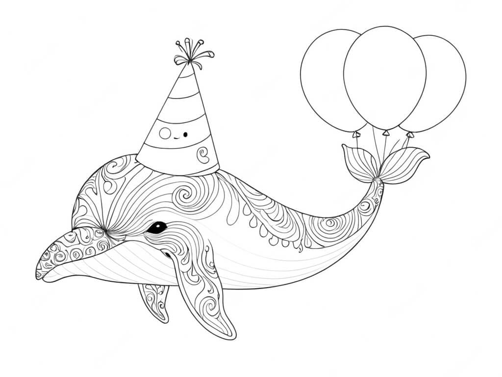 Balena con cappello di compleanno da colorare