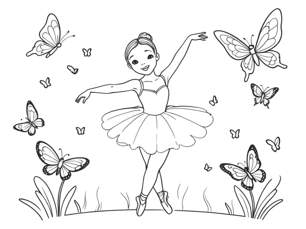 Ballerina che danza con farfalle da colorare