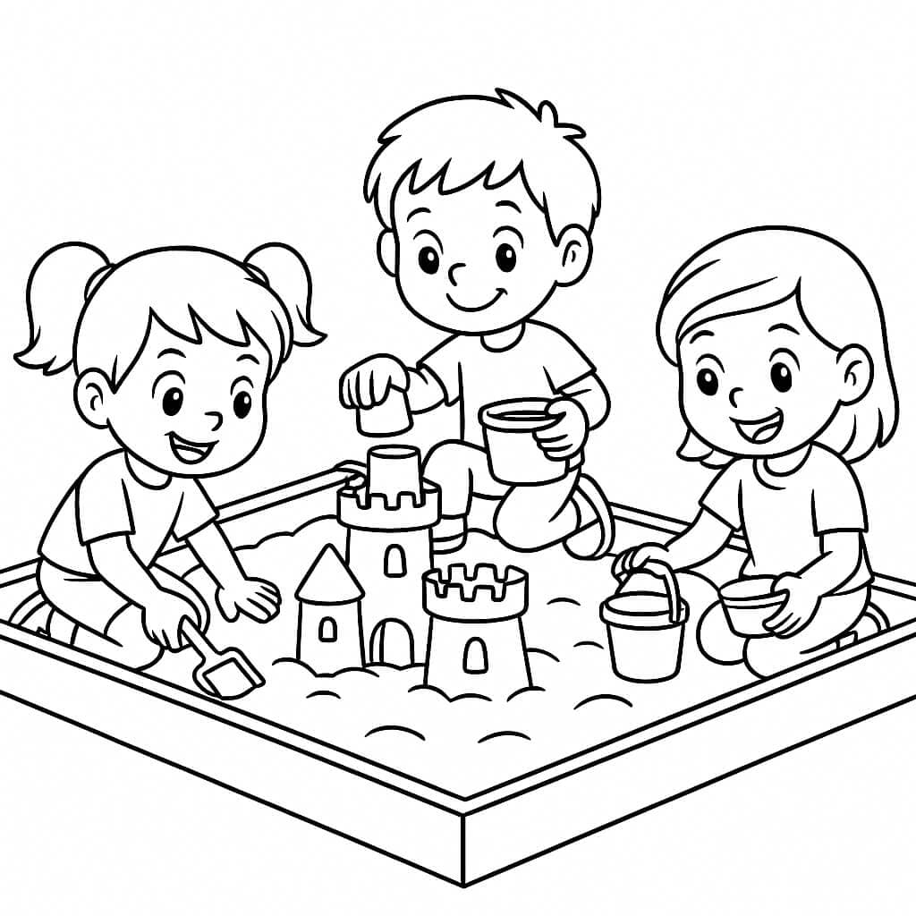 Bambini costruiscono castelli di sabbia - Disegno da colorare