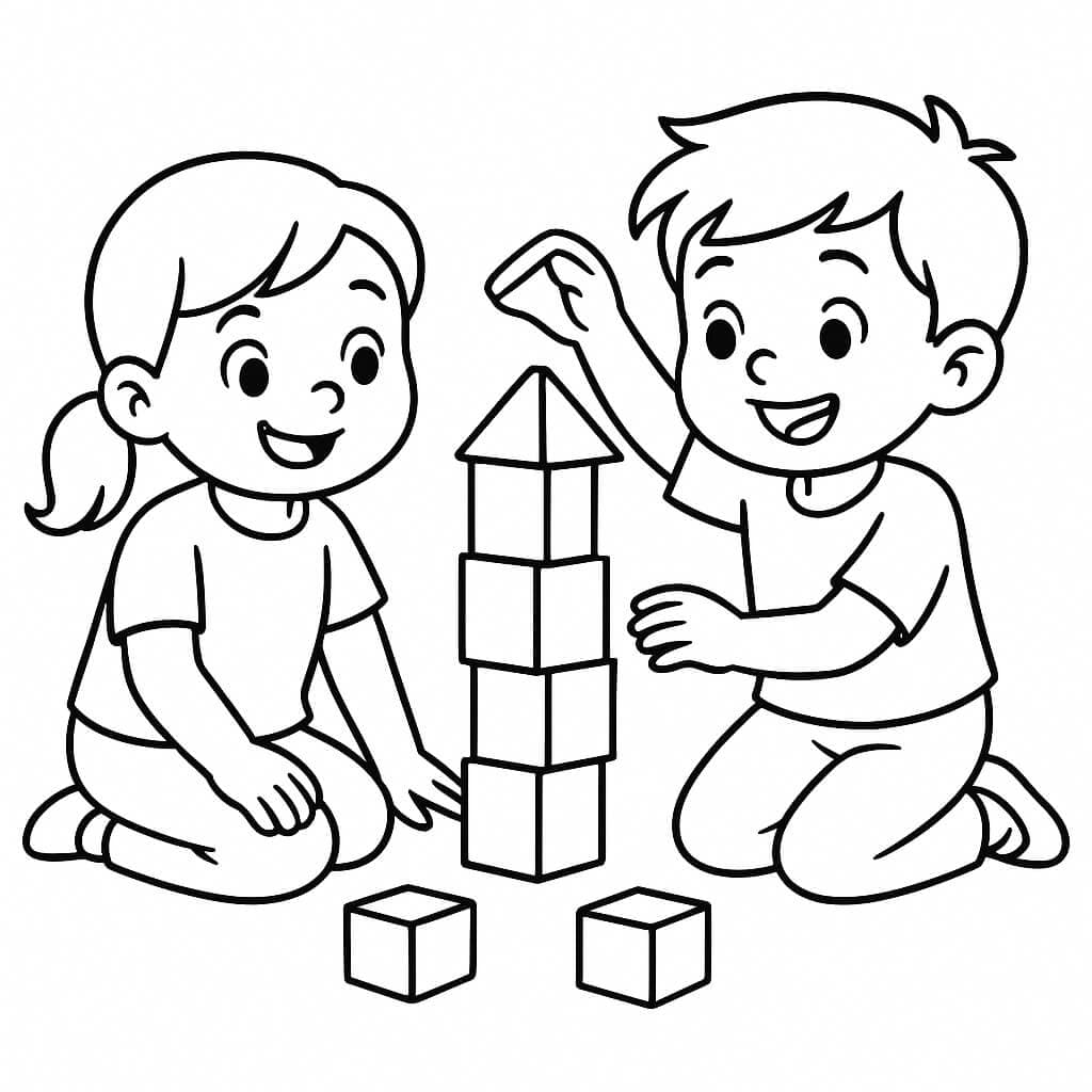 Bambini costruiscono con i mattoncini - Disegno da colorare