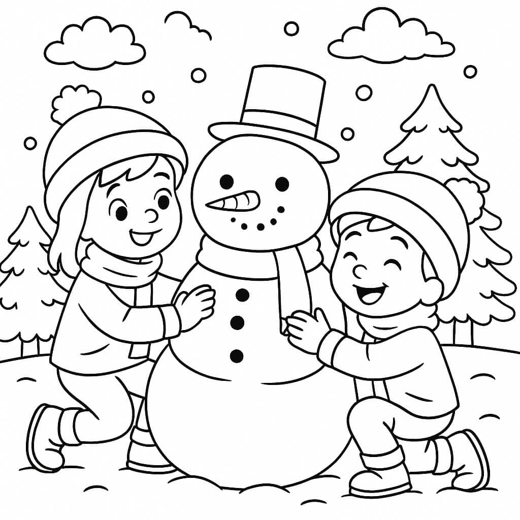 Bambini costruiscono un pupazzo di neve - Disegno da colorare