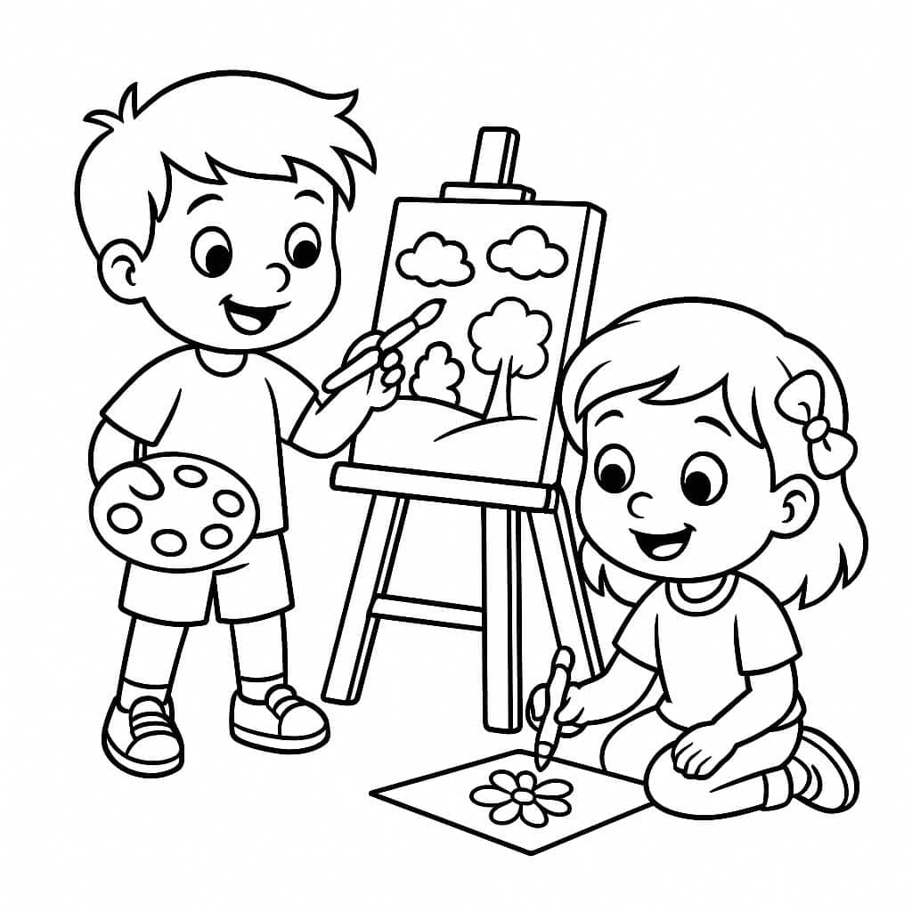 Bambini dipingono e disegnano - Disegno da colorare