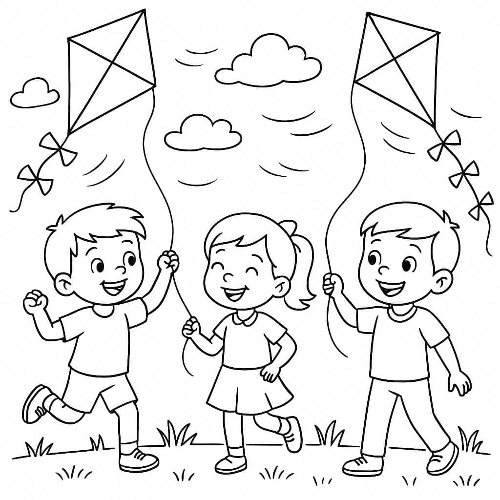 Bambini fanno volare aquiloni - Disegno da colorare