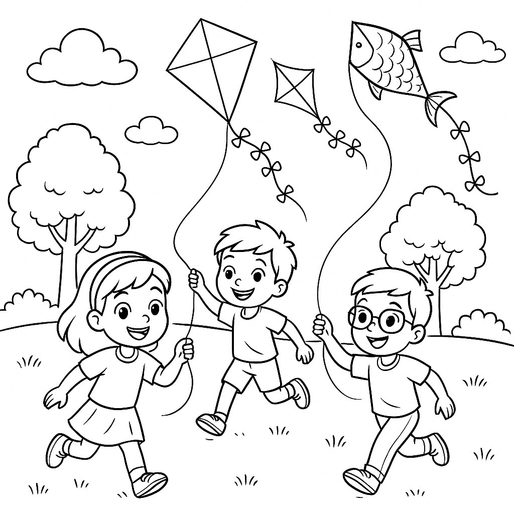 Bambini fanno volare l'aquilone - Disegno da colorare
