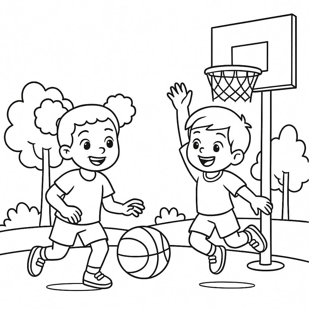 Bambini giocano a basket - Disegno da colorare