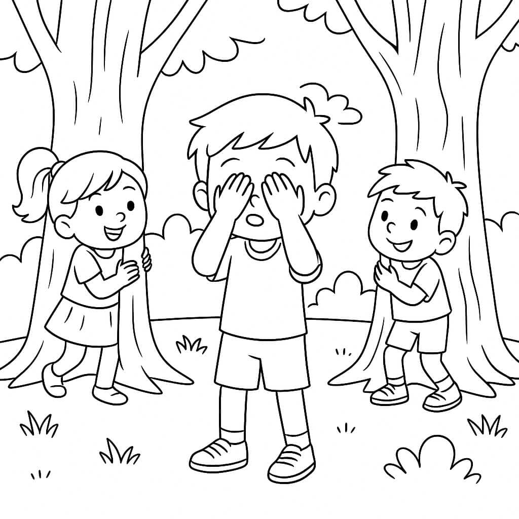 Bambini giocano a nascondino - Disegno da colorare