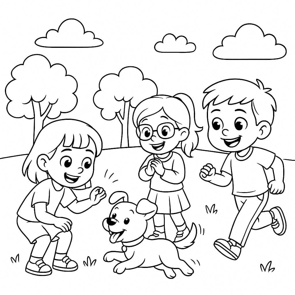 Bambini giocano con il cane - Disegno da colorare