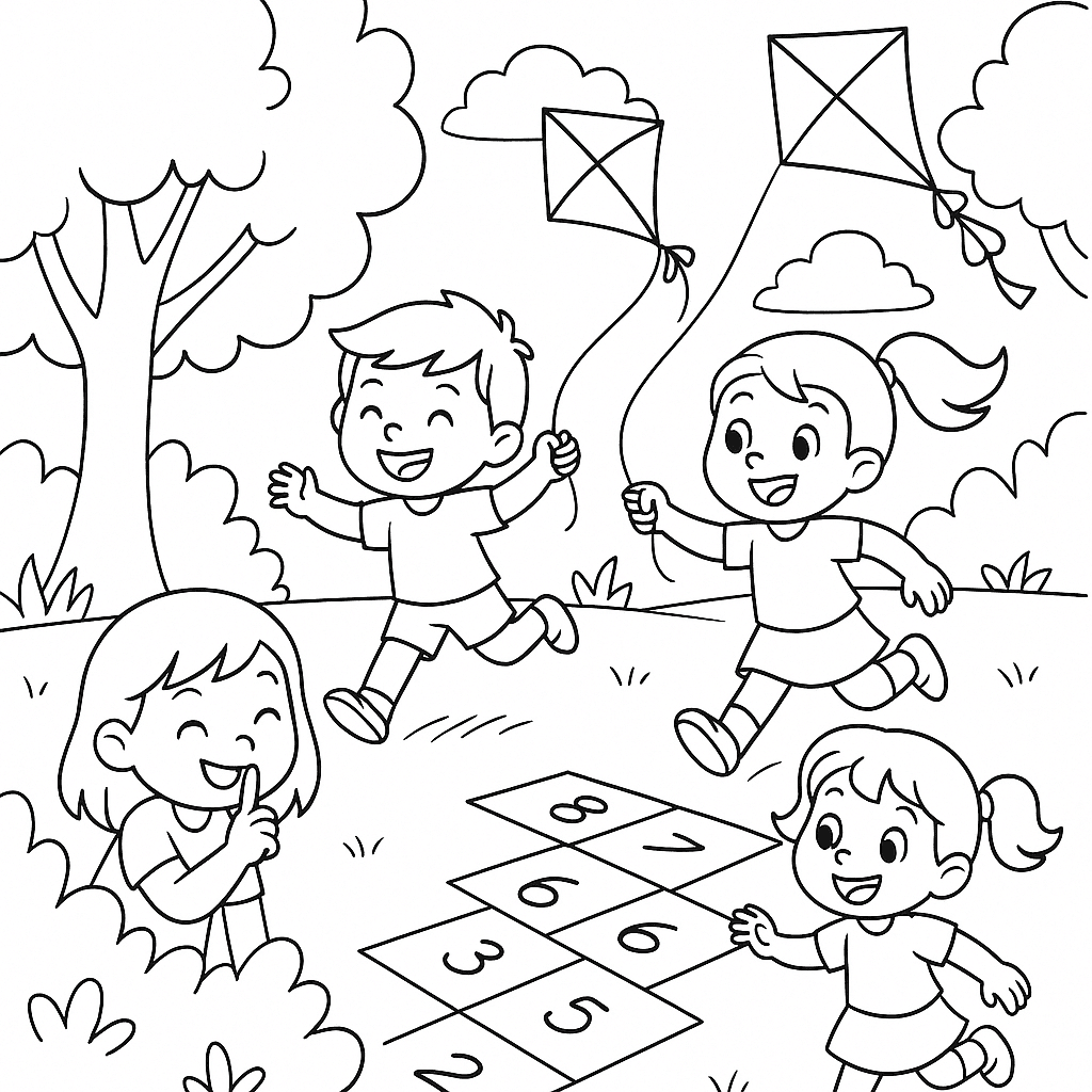 Bambini giocano in giardino - Disegno da colorare
