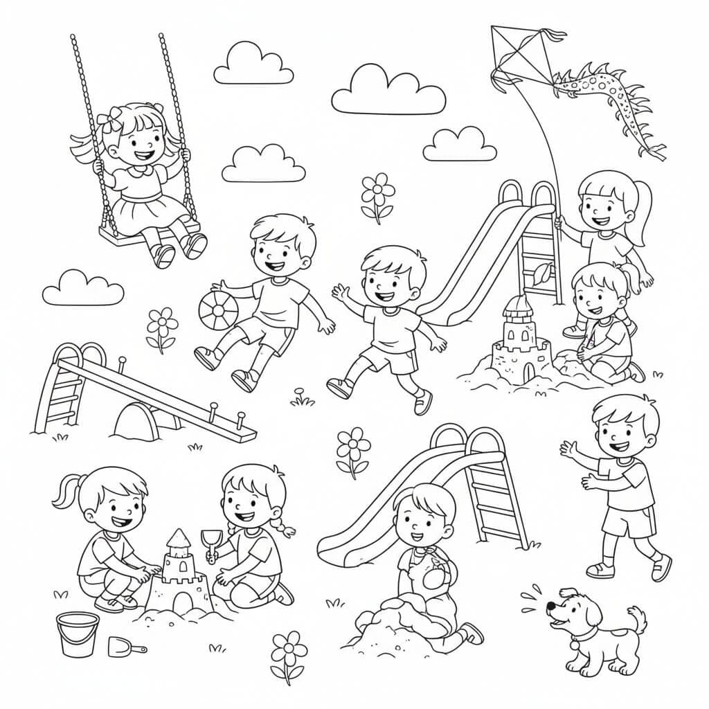 Bambini in attivita di gioco - Disegno da colorare
