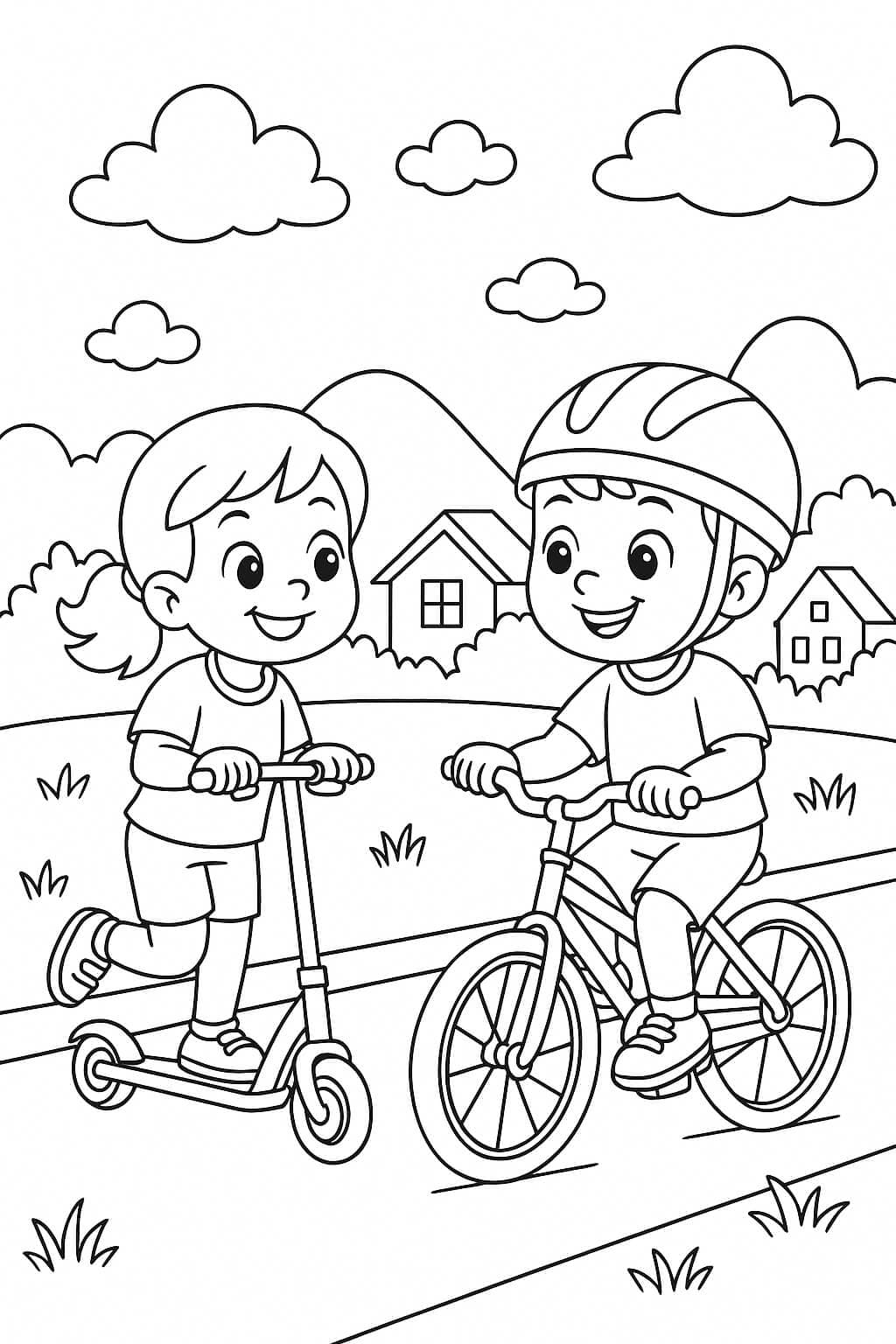 Bambini in bicicletta e monopattino - Disegno da colorare