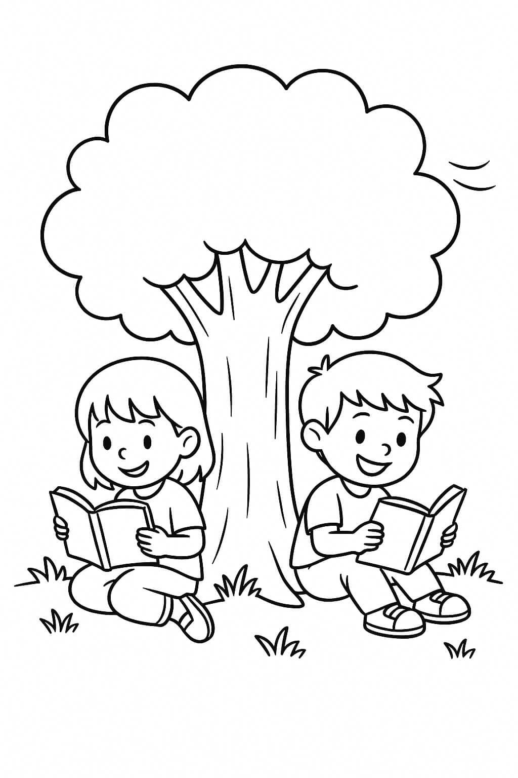 Bambini leggono libri all'ombra - Disegno da colorare