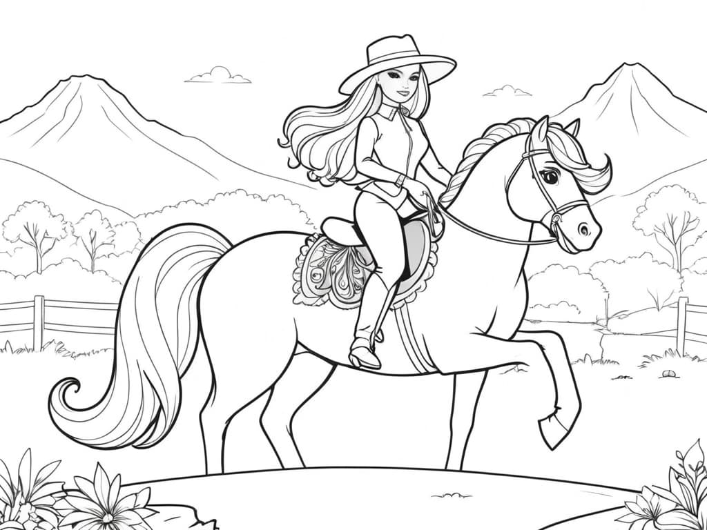 Barbie a cavallo da colorare