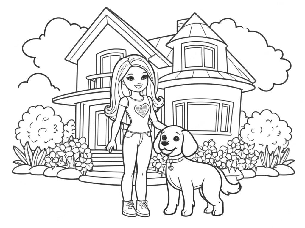 Barbie con cane in salotto da colorare