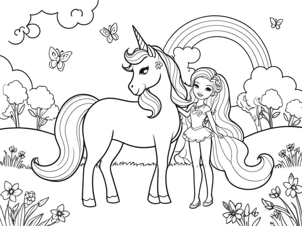 Barbie con unicorno da colorare