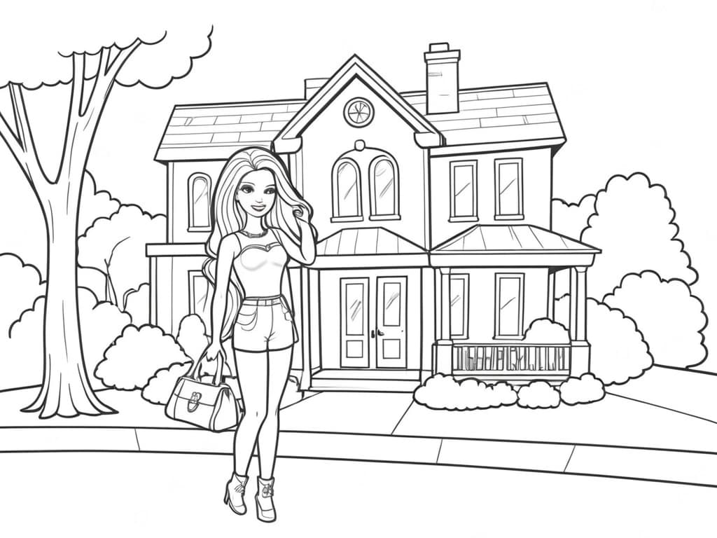 Barbie davanti alla casa da colorare