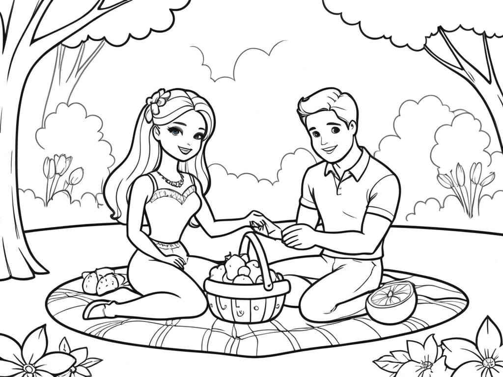 Barbie e Ken al picnic romantico da colorare
