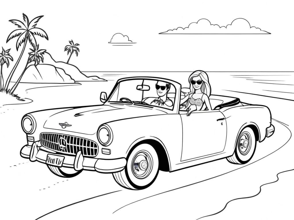 Barbie e Ken in cabrio sportivo da colorare