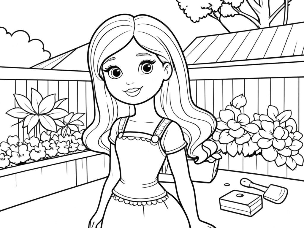 Barbie nel giardino fiorito da colorare