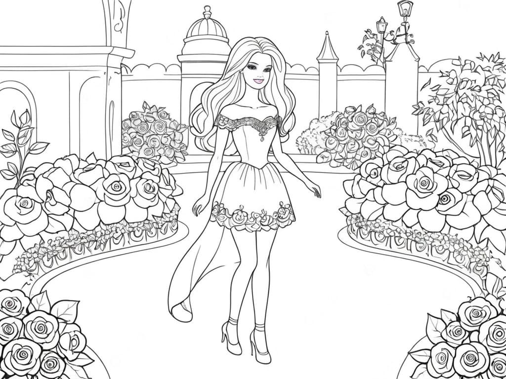 Barbie principessa nel giardino di rose da colorare