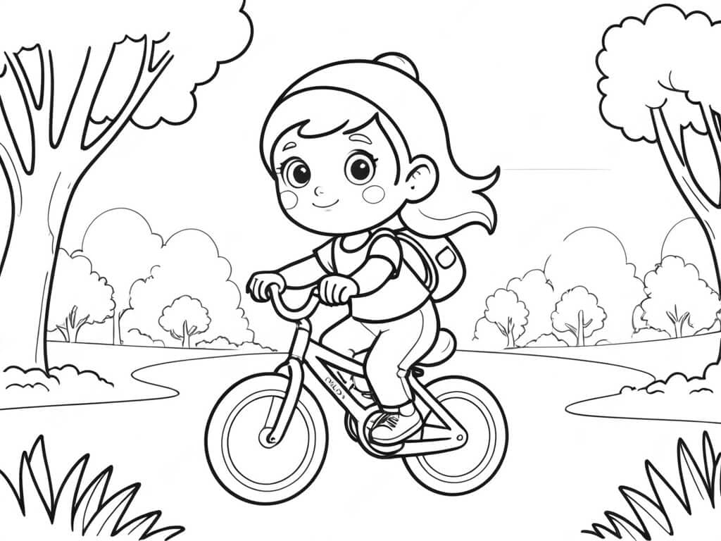 Ragazza torna da scuola in bicicletta da colorare