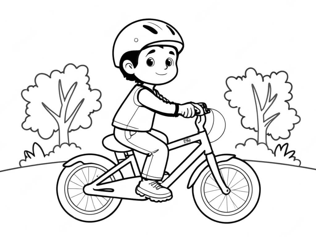 Ragazzo in bicicletta sul prato da colorare