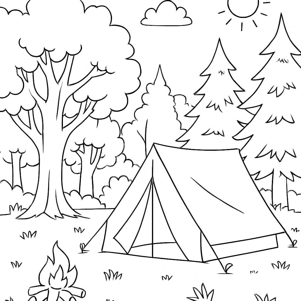 Accampamento nel bosco da colorare