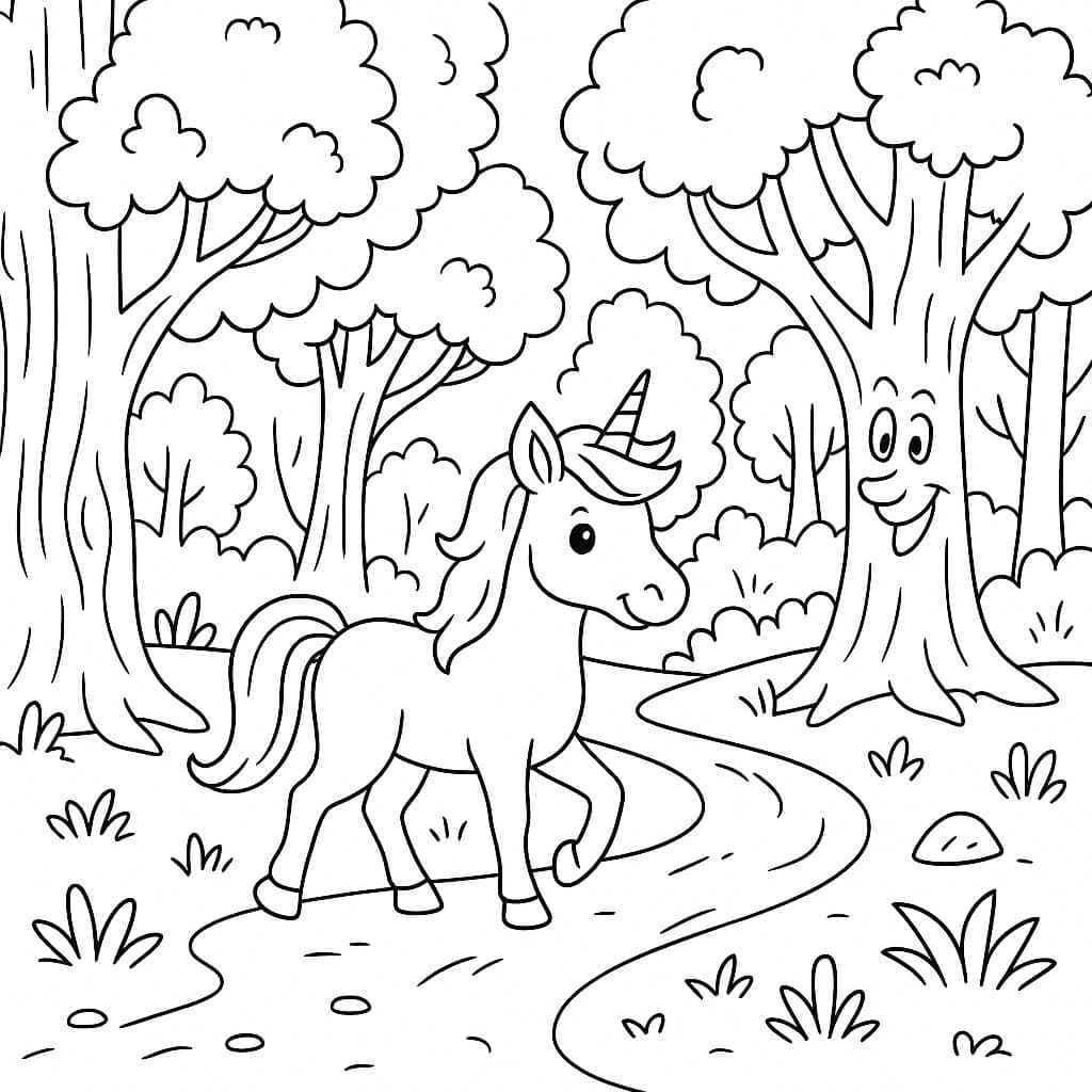 Bosco con unicorno da colorare