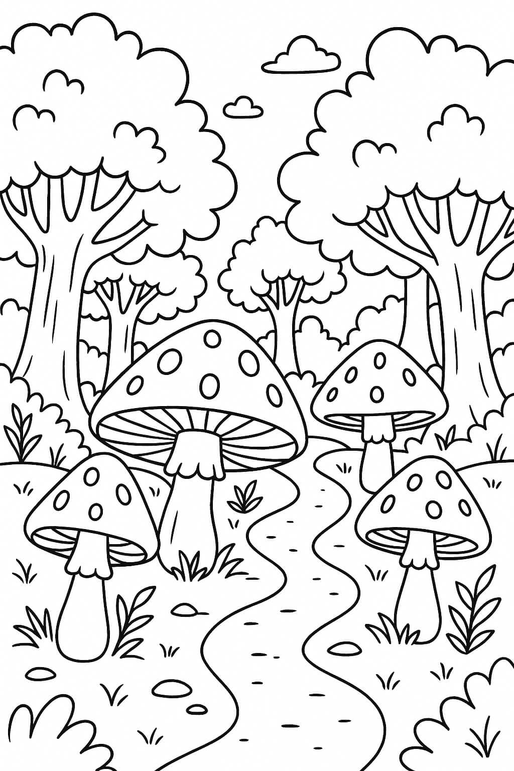 Bosco magico con funghi da colorare