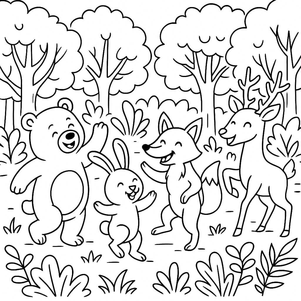 Festa nel bosco con animali danzanti