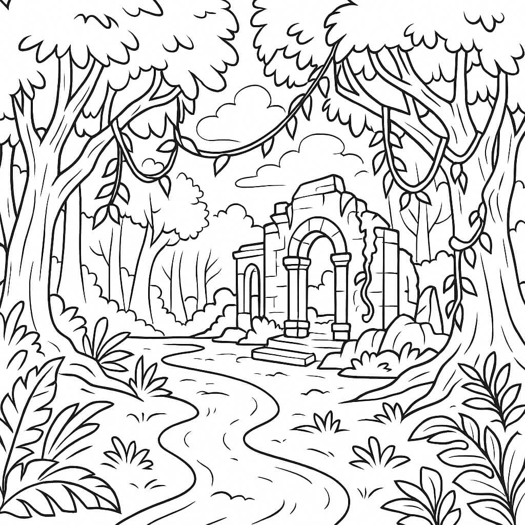 Rovine di tempio nel bosco da colorare