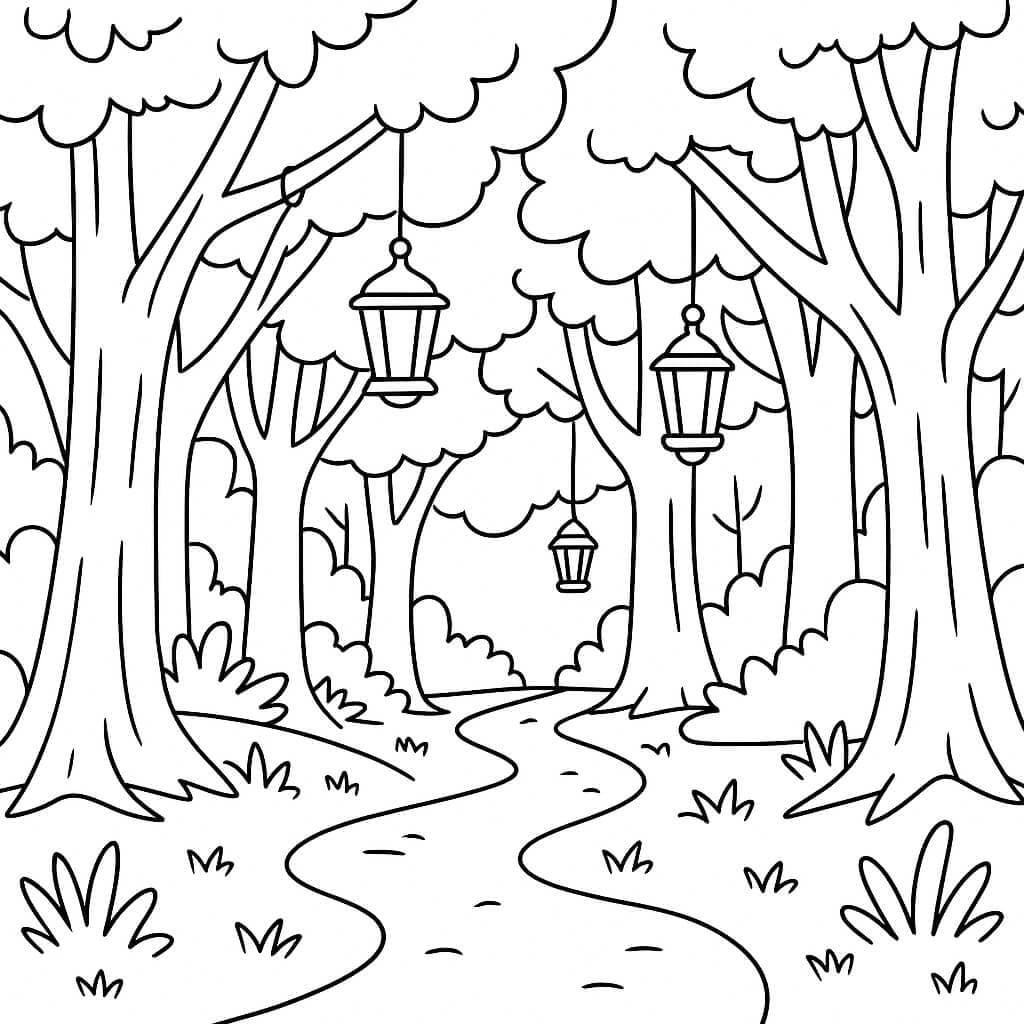 Sentiero magico con lanterne nel bosco