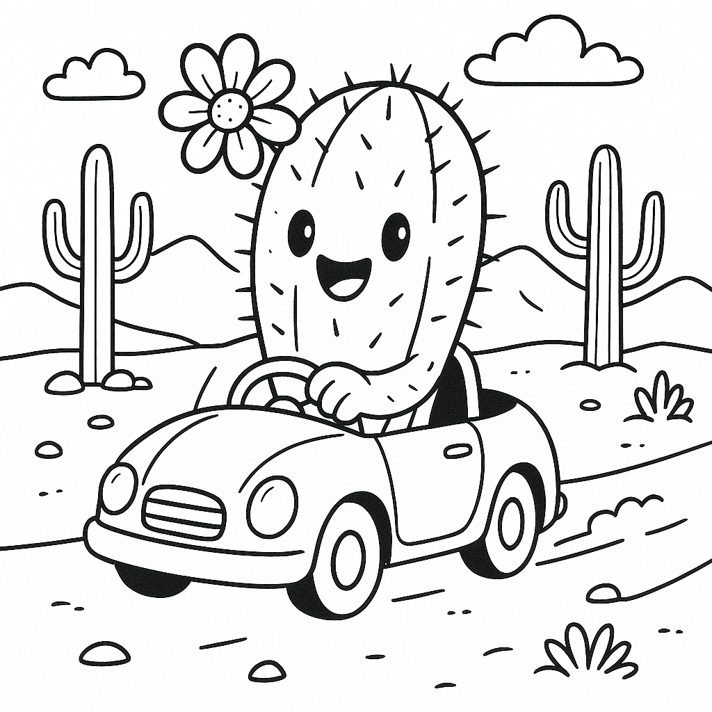 Cactus che guida l'auto da colorare