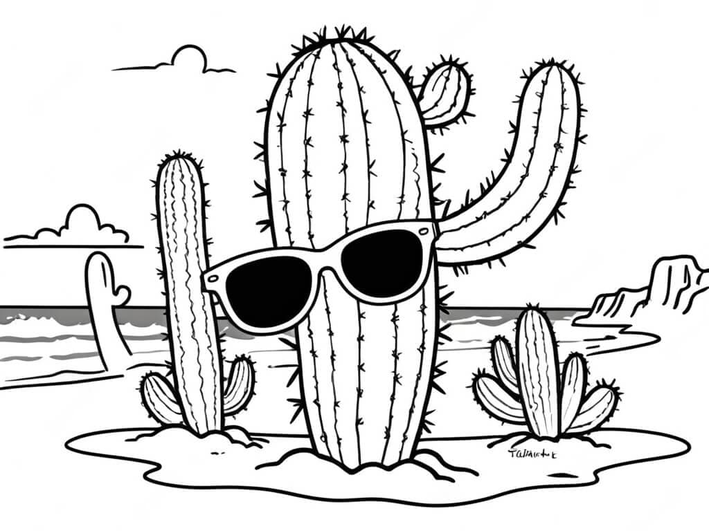 Cactus con occhiali da sole in spiaggia da colorare