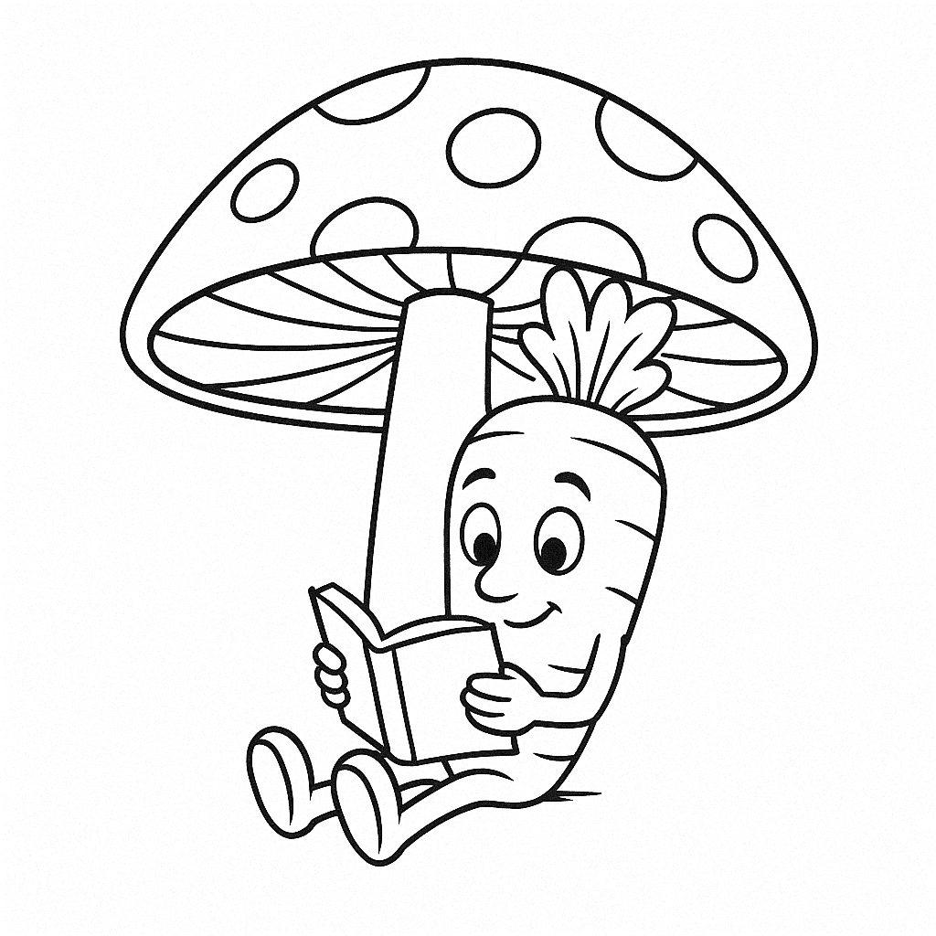 Carota che legge un libro sotto un fungo da colorare