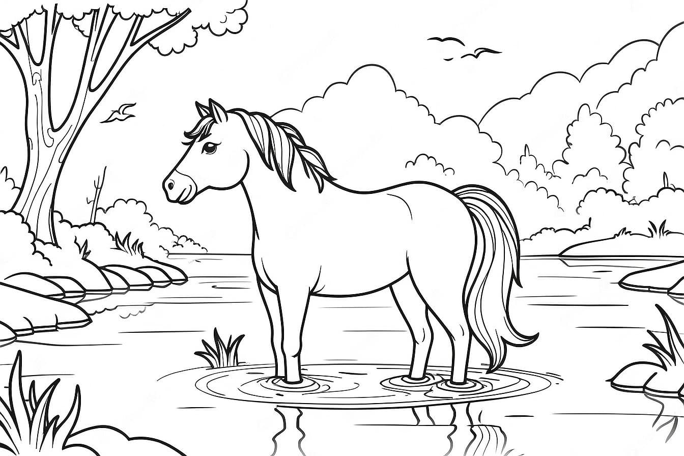 Cavallo nel ruscello da colorare