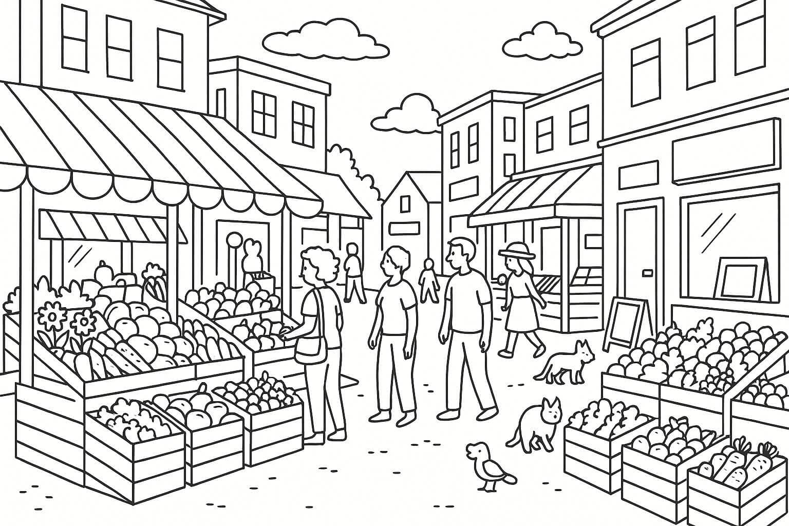 Mercato in citta da colorare