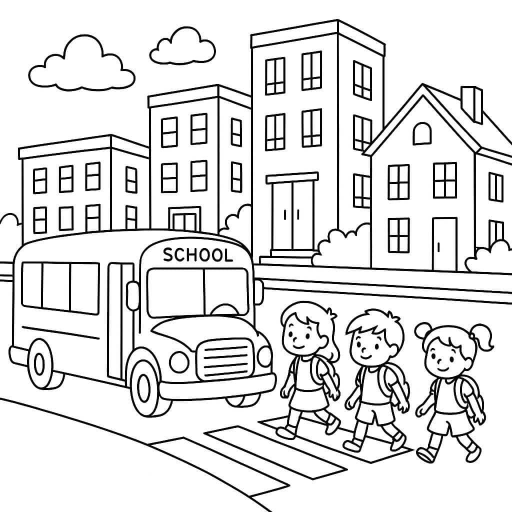 Scuolabus in citta da colorare