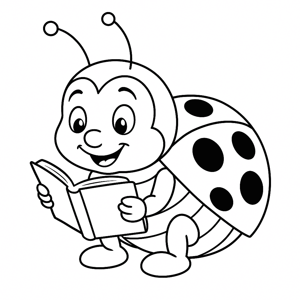 Coccinella che legge un libro da colorare