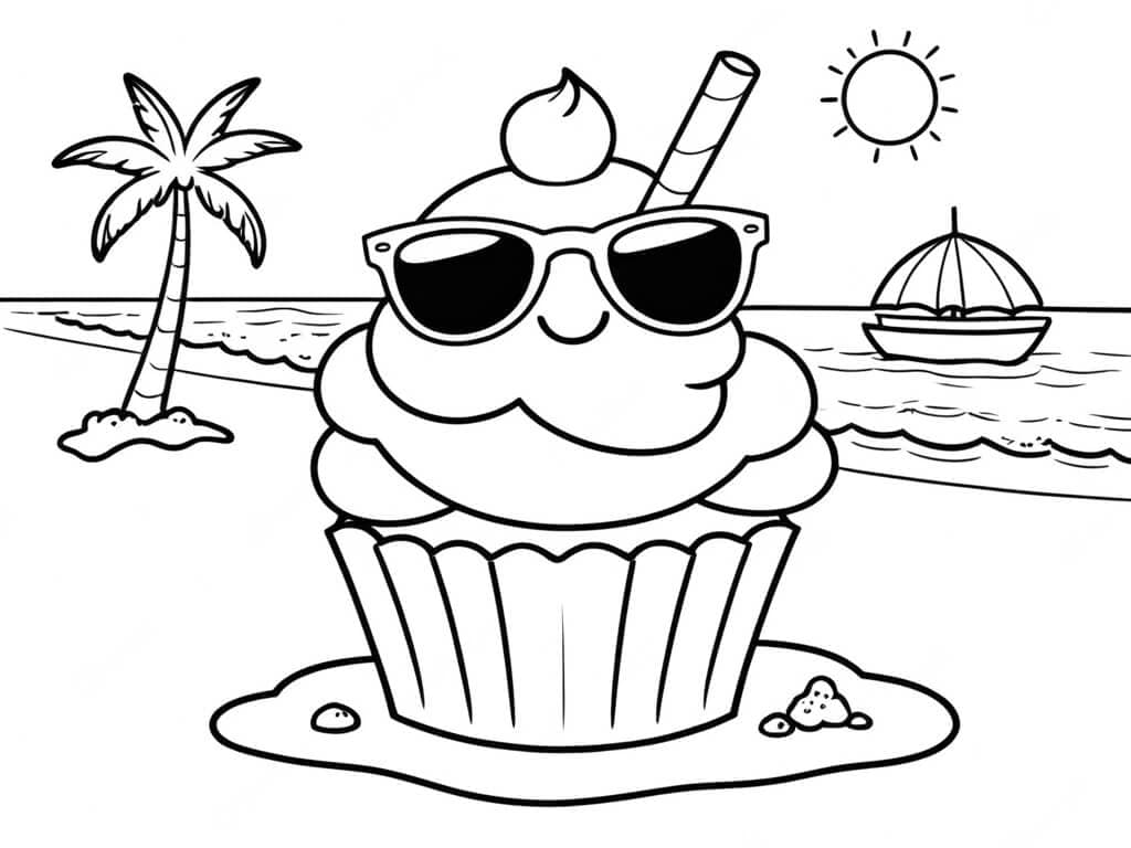 Cupcake da spiaggia con occhiali da sole da colorare