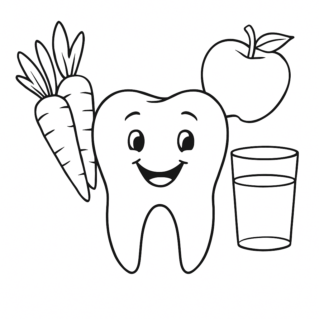 Dente felice con cibo sano da colorare