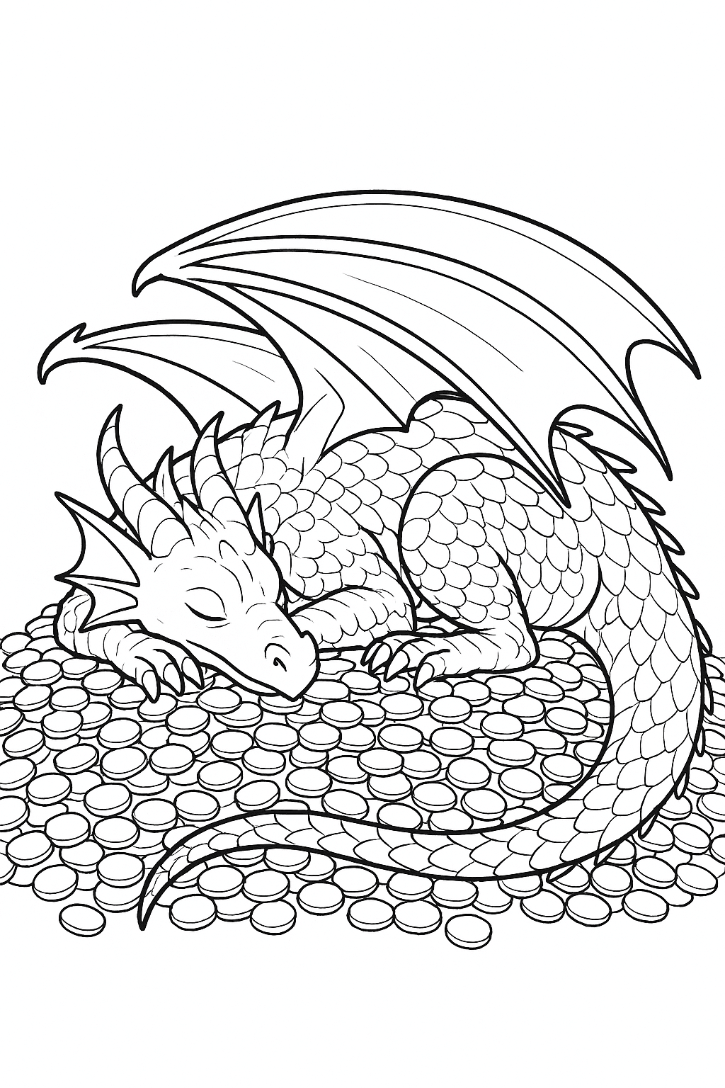 Drago dorme sulle monete da colorare
