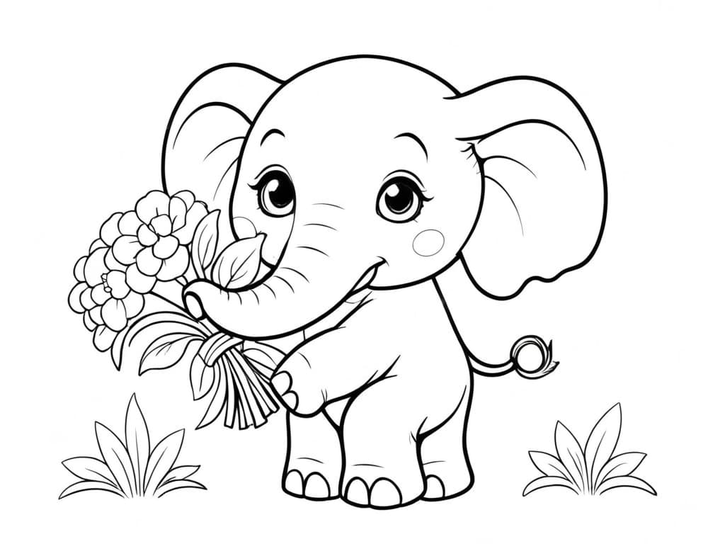 Elefante con mazzo di fiori da colorare