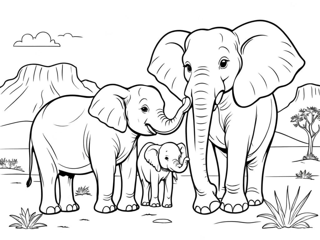 Famiglia di elefanti da colorare